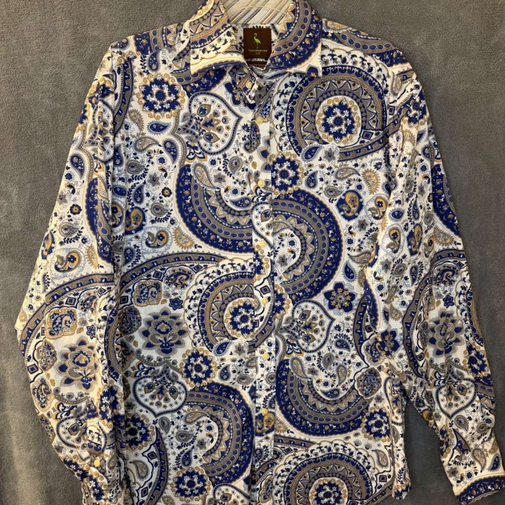 Tailorbyrd Mens Large Blue Tan Paisley Medallion Button Down Shirt Cotton L/S